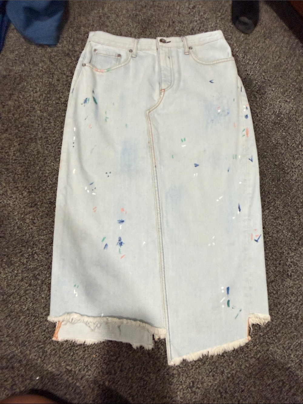rag & bone Light Wash Denim Midi Skirt with Paint-Splatter Accents